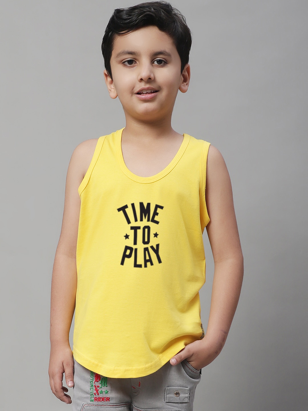 

Friskers Boys Typography Printed Pure Cotton Basic Vest, Yellow