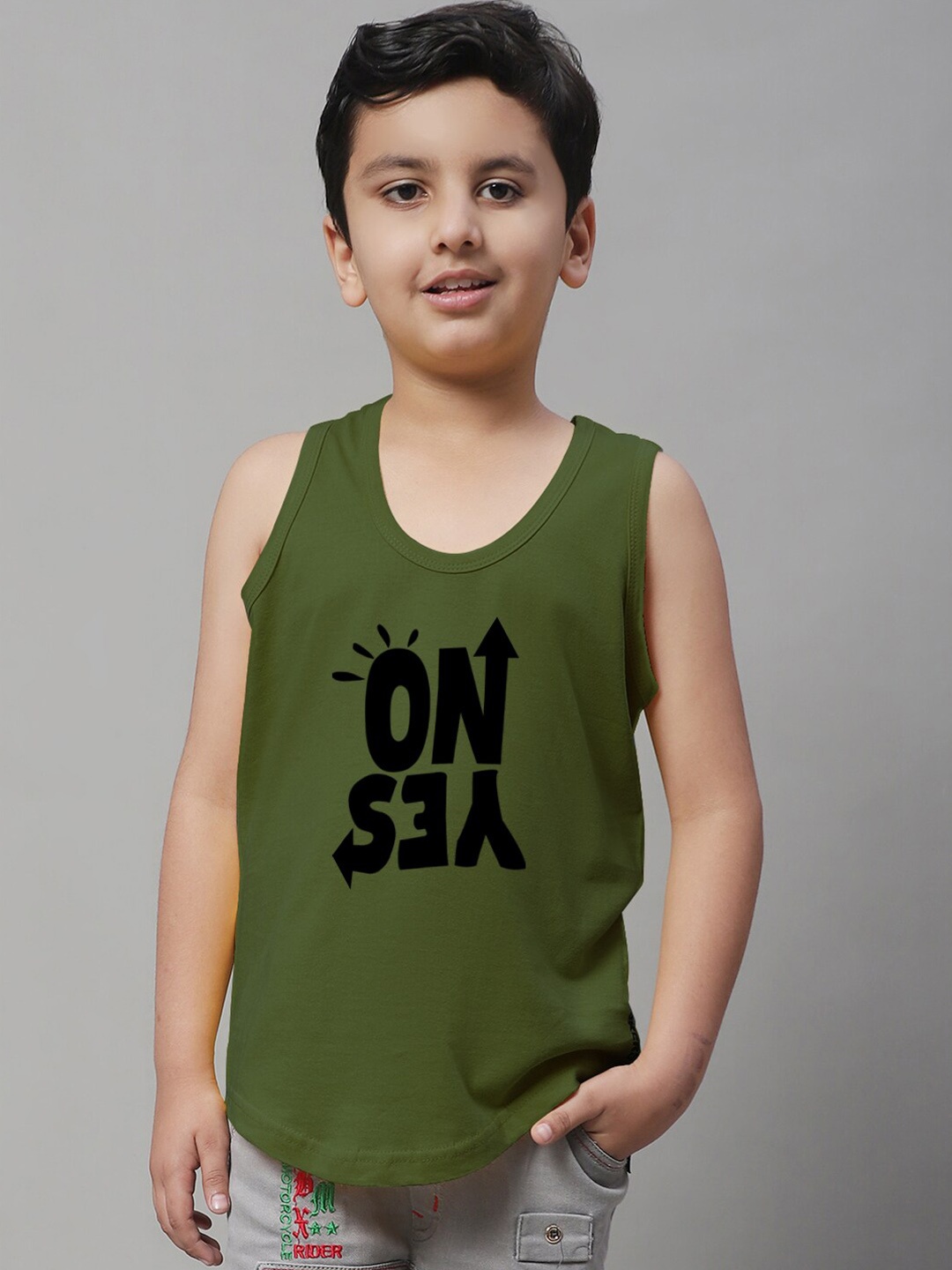 

Friskers Boys Typography Printed Pure Cotton Basic Vest, Olive