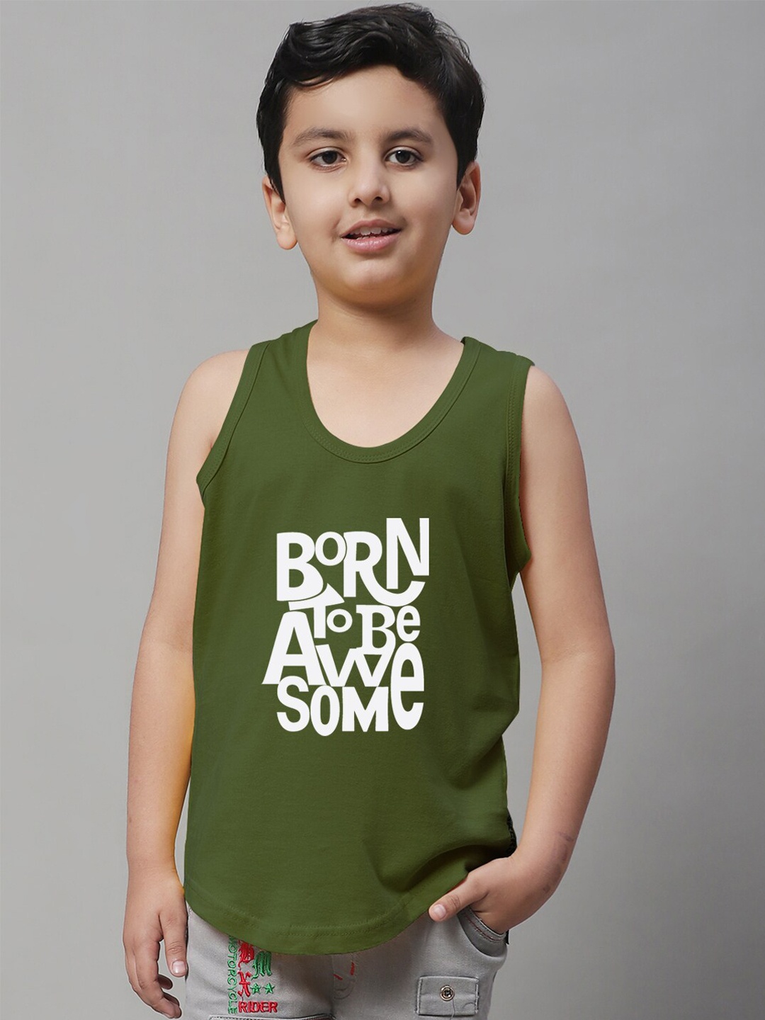 

Friskers Boys Printed Pure Cotton Sleeveless Basic Vests, Olive