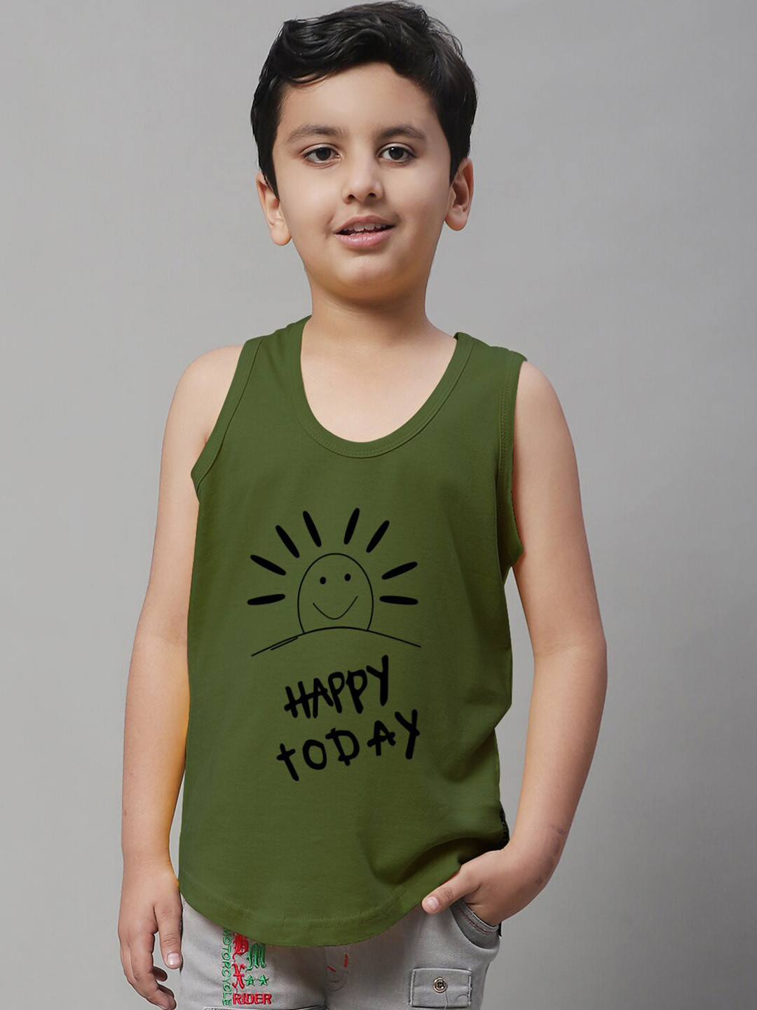 

Friskers Boys Typography Printed Pure Cotton Vests, Olive