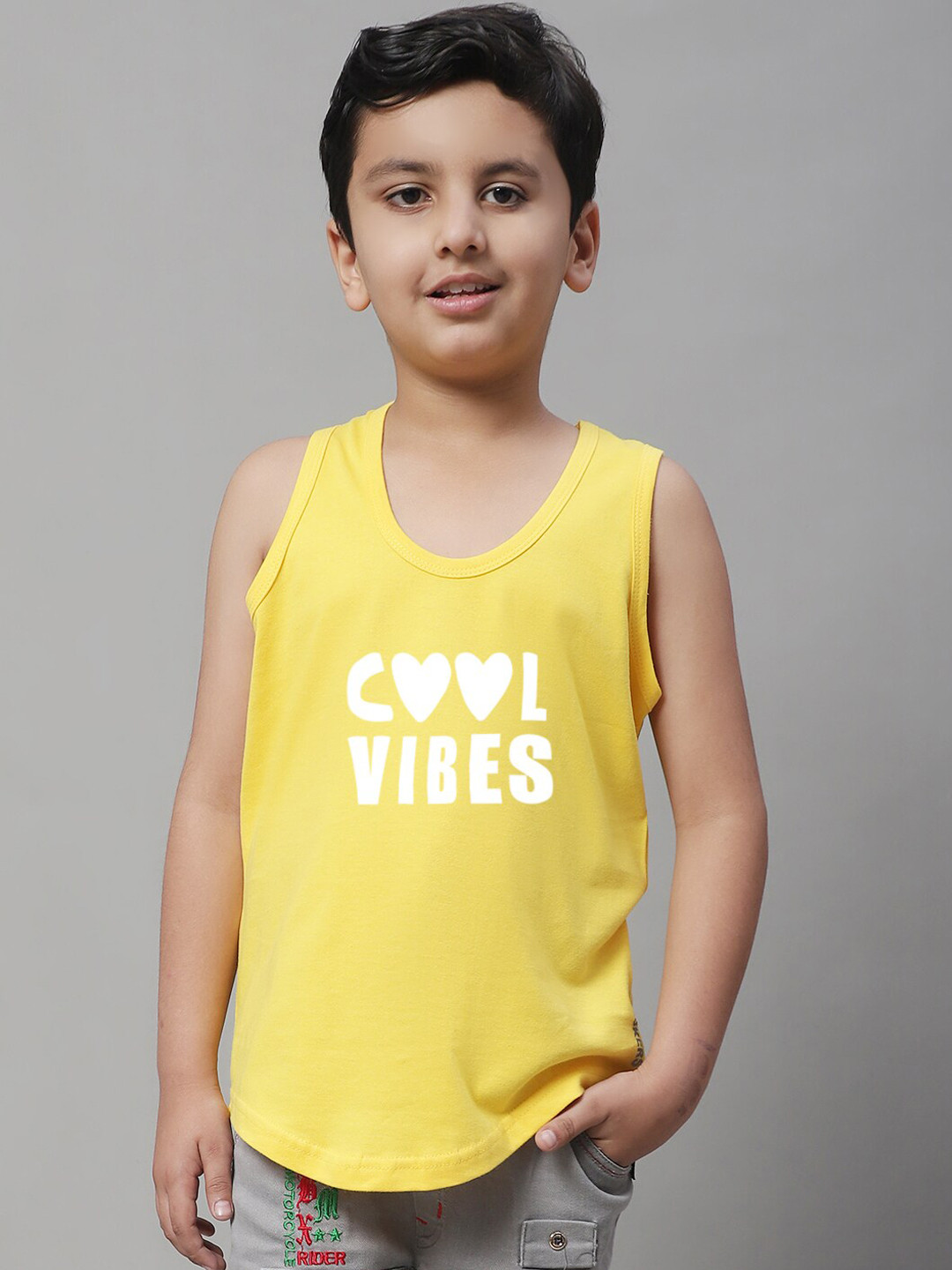 

Friskers Boys Printed Pure Cotton Sleeveless Basic Vests, Yellow