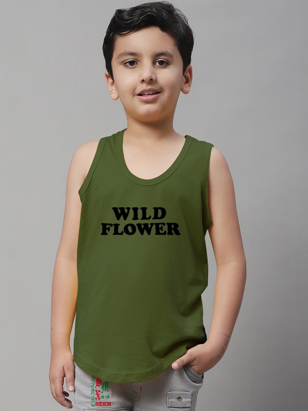 

Friskers Boys Typography Printed Pure Cotton Basic Vest, Olive