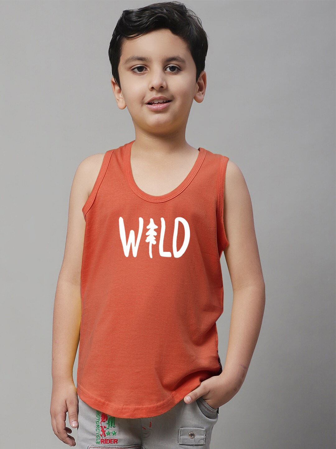 

Friskers Boys Bio wash Printed Pure Cotton Basic Vests, Rust