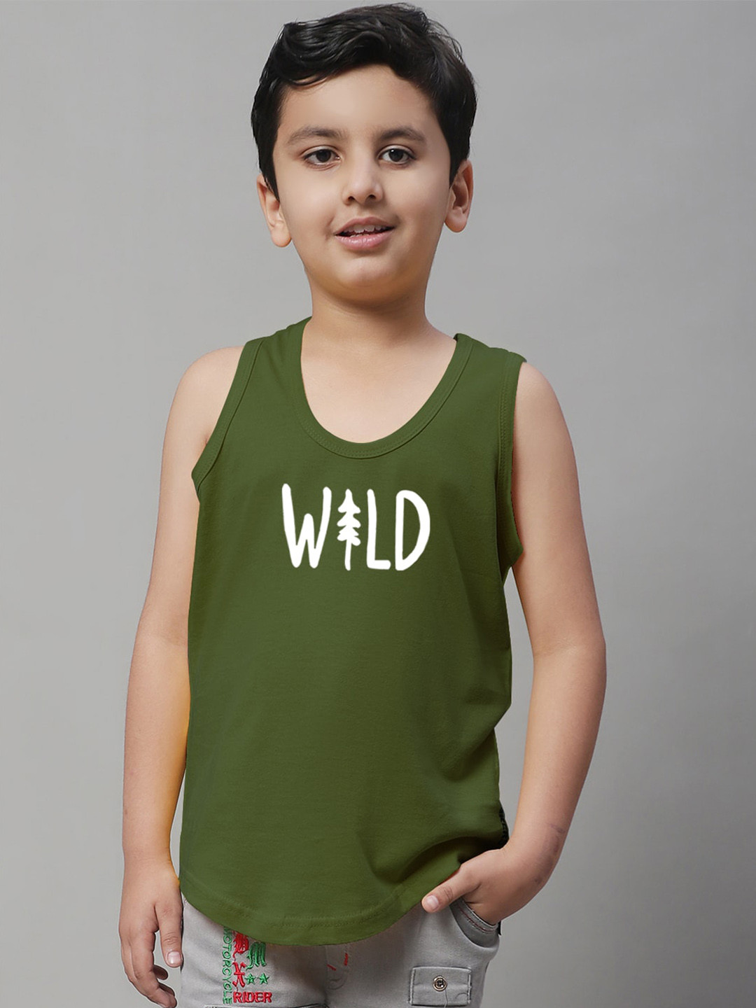 

Friskers Boys Printed Pure Cotton Sleeveless Basic Vests, Olive