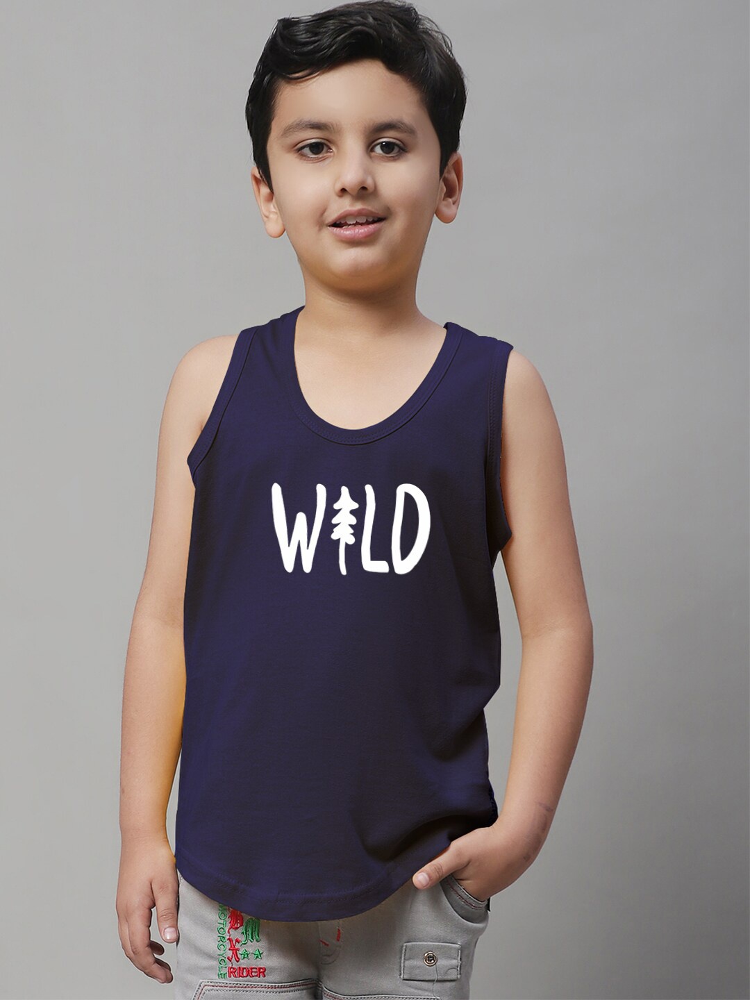 

Friskers Boys Typography Printed Cotton Basic Vest, Navy blue