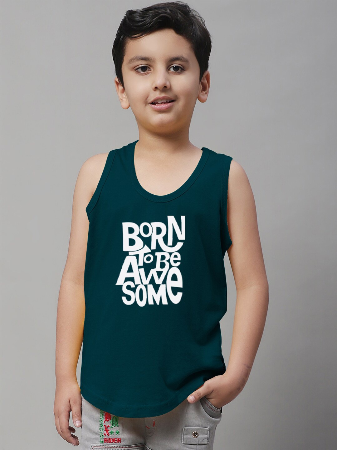 

Friskers Boys Typography Printed Cotton Basic Vest, Teal