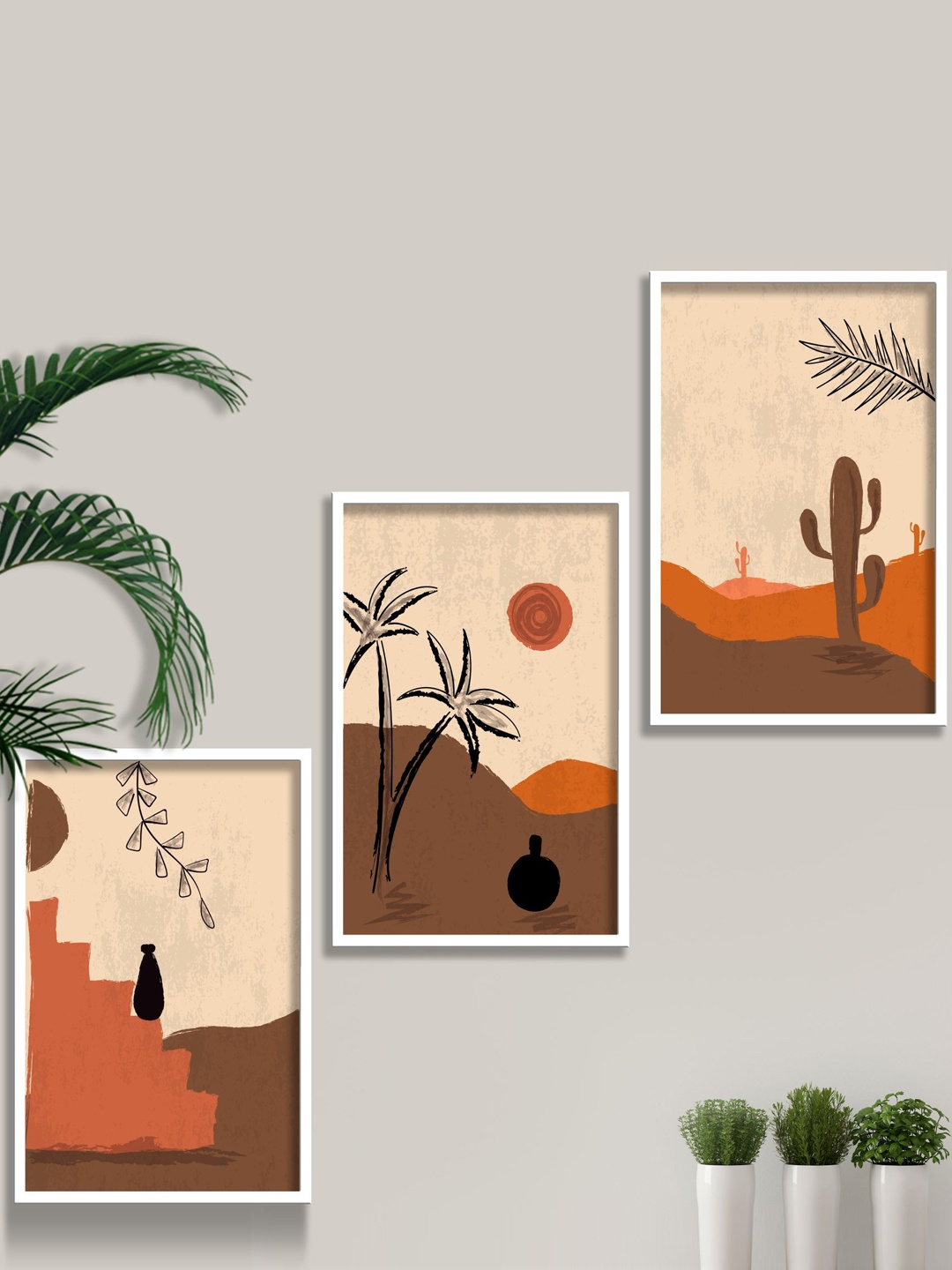 

SAF Brown & Beige 3 Pieces Modern Boho Painting Wall Art, White