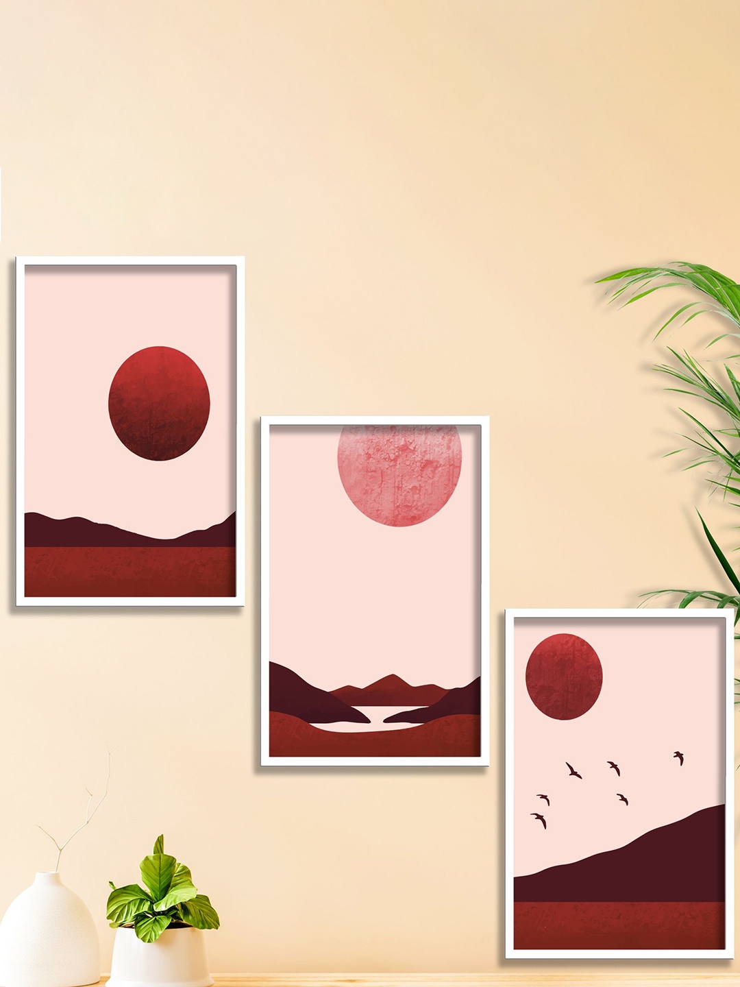 

SAF Pink & Maroon 3 Pieces Modern Boho Wall Art
