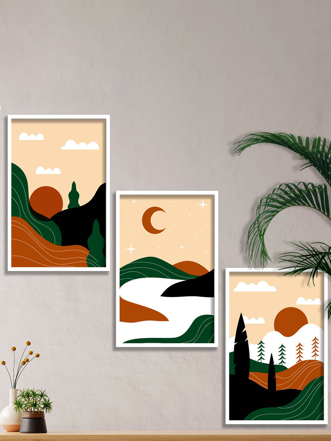 

SAF Peach-Colored & Green 3 Pieces Printed Boho Wall Art