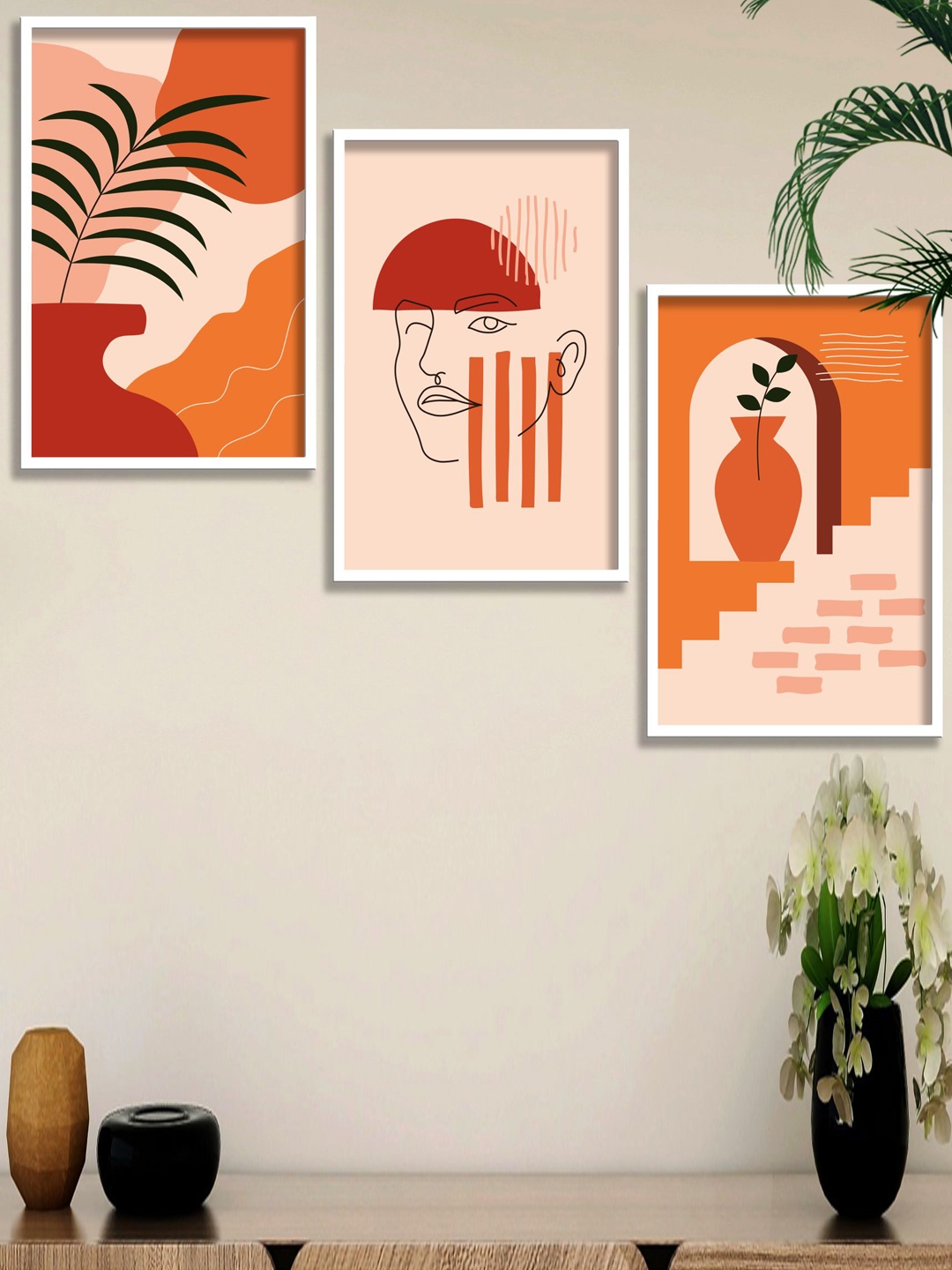 

SAF White & Orange Coloured 3 Pieces Modern Boho Painting Wall Art