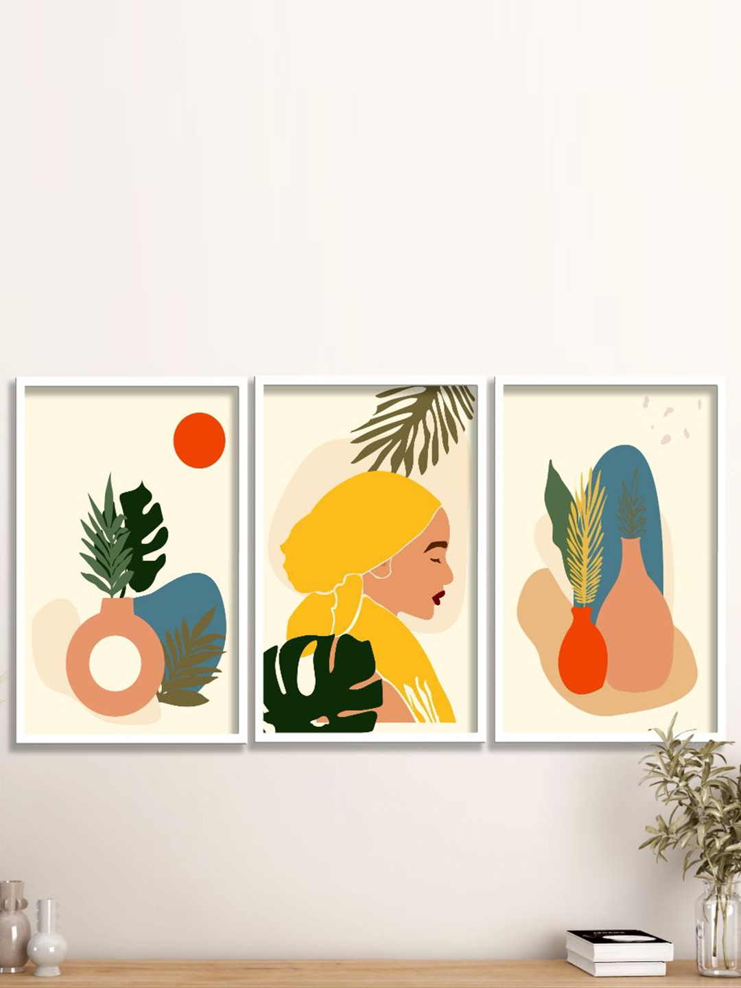 

SAF Ceam Coloured & Yellow 3 Pieces Modern Boho Art Painting Framed Wall Art, Cream