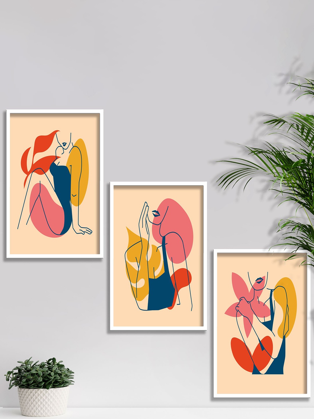 

SAF Cream Coloured & Pink 3 Pieces Modern Boho Art Painting Framed Wall Art