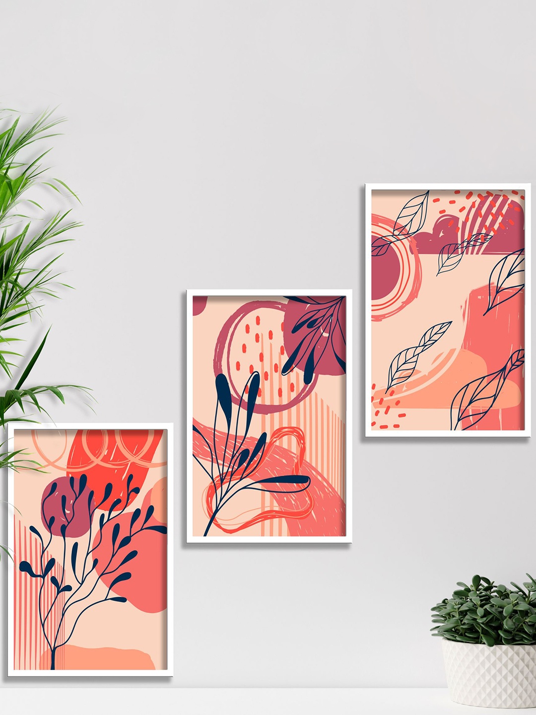

SAF Peach Coloured & Blue 3 Pieces Modern Boho Art Painting Framed Wall Art