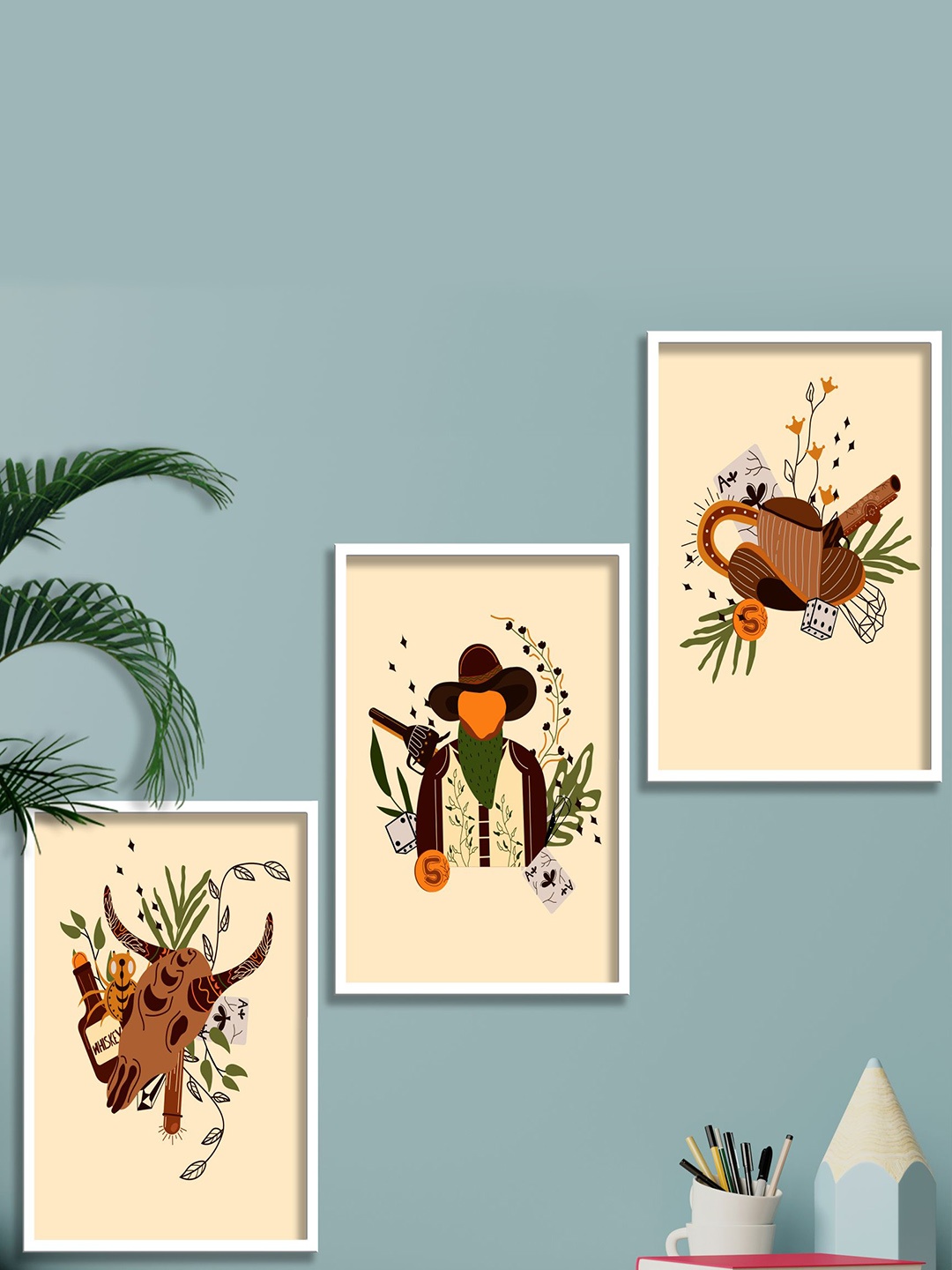

SAF Beige & Green 3-Pieces Modern Boho Art Printed Framed Wall Art