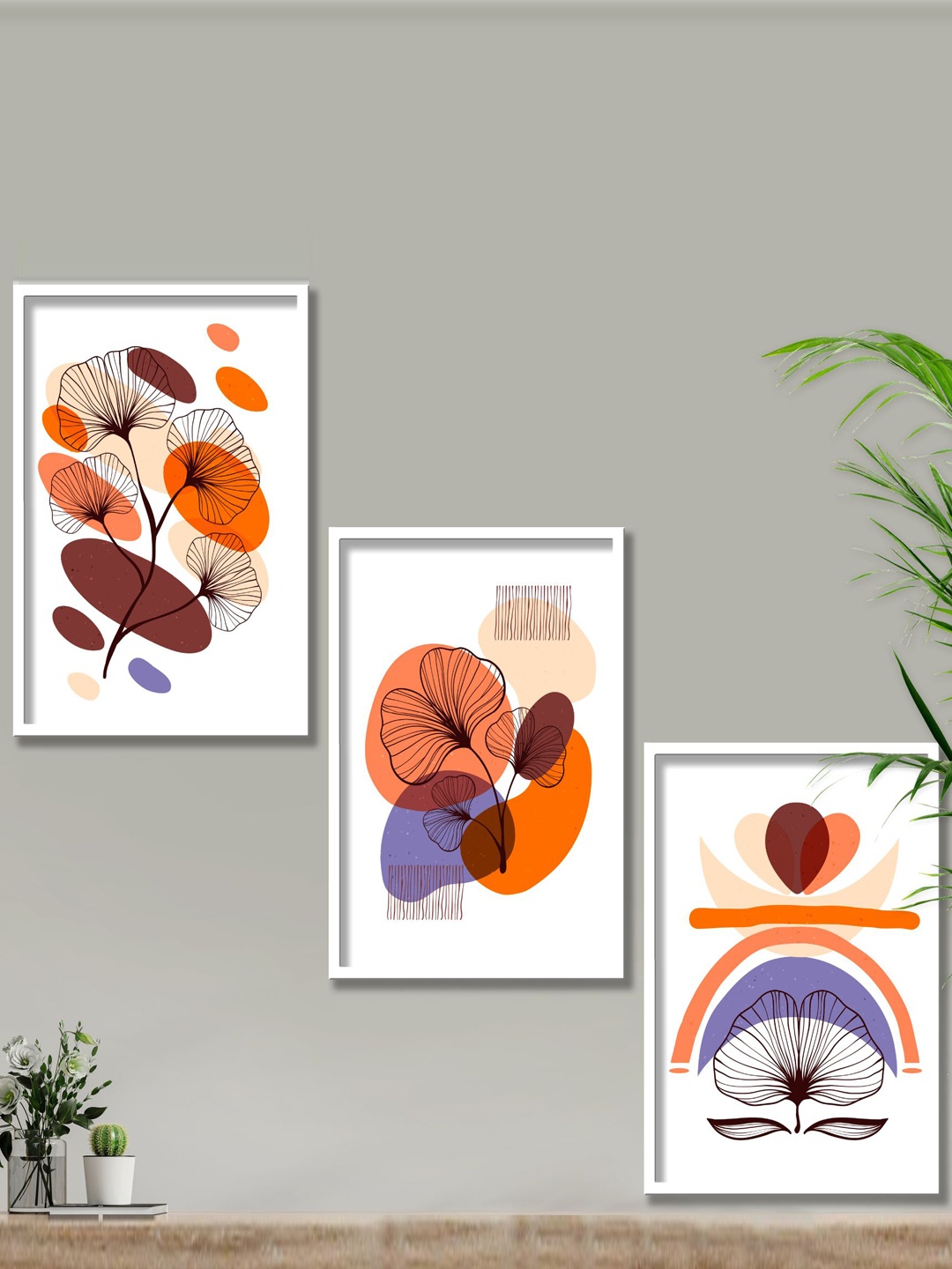 

SAF White & Orange-Coloured 3-Pieces Modern Boho Art Printed Framed Wall Art