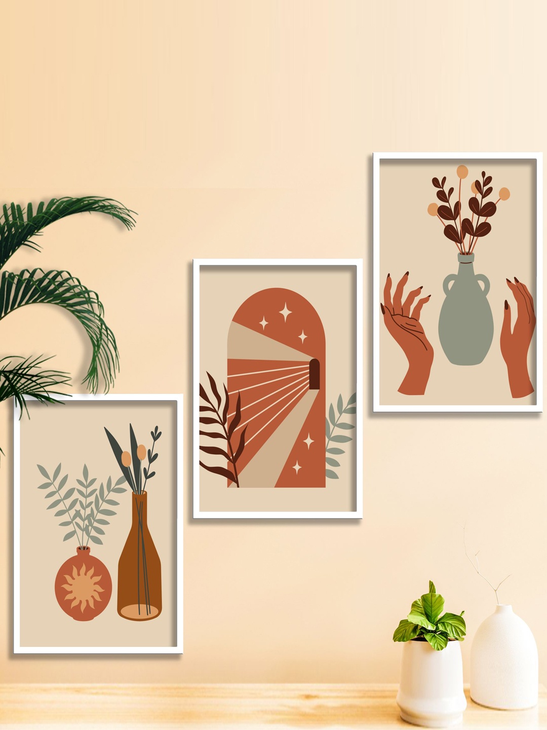 

SAF Beige & Brown 3 Pieces Modern Boho Art Painting Framed Wall Art