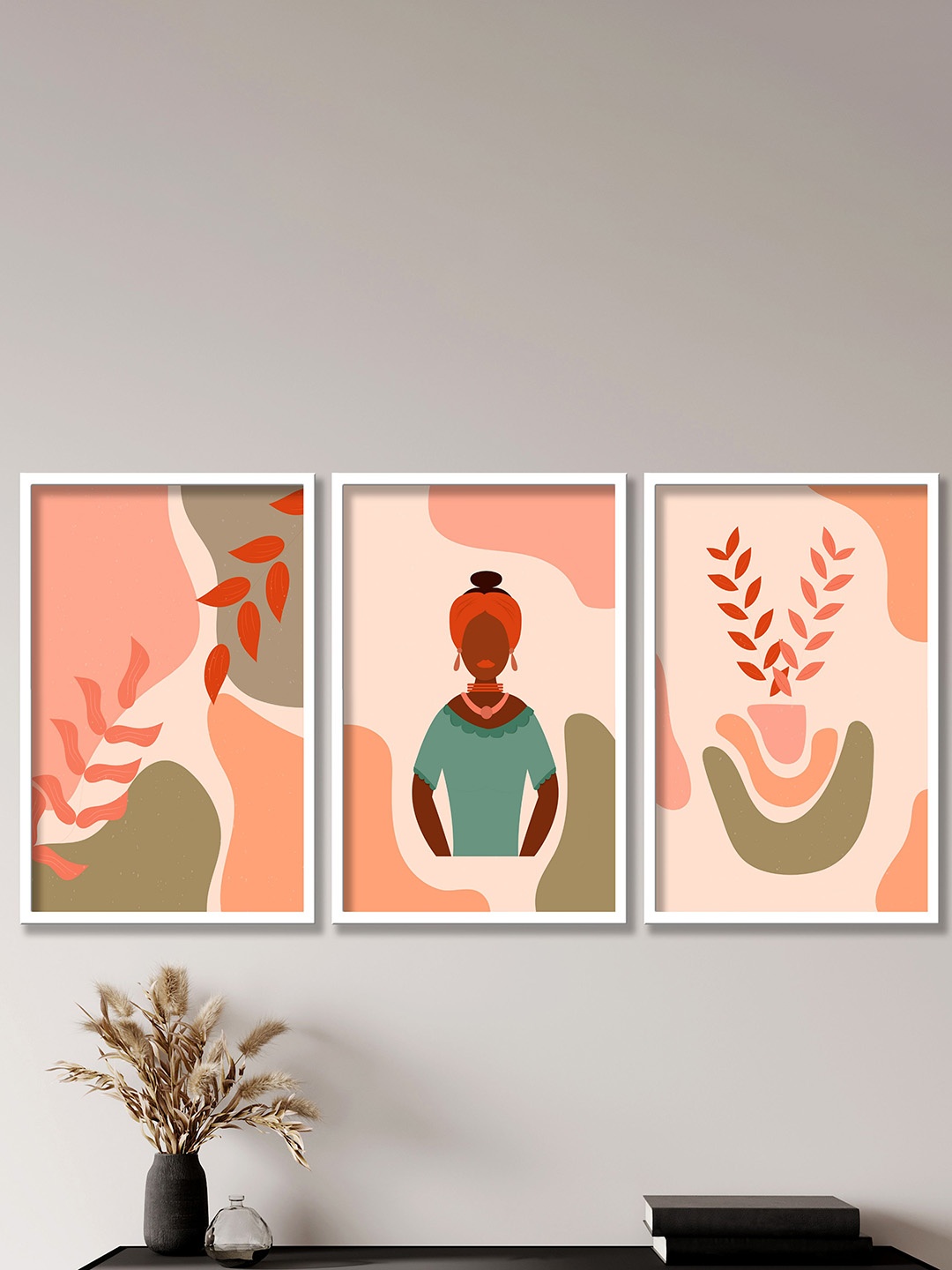 

SAF Peach Coloured & Green 3 Pieces Modern Boho Art Painting Framed Wall Art