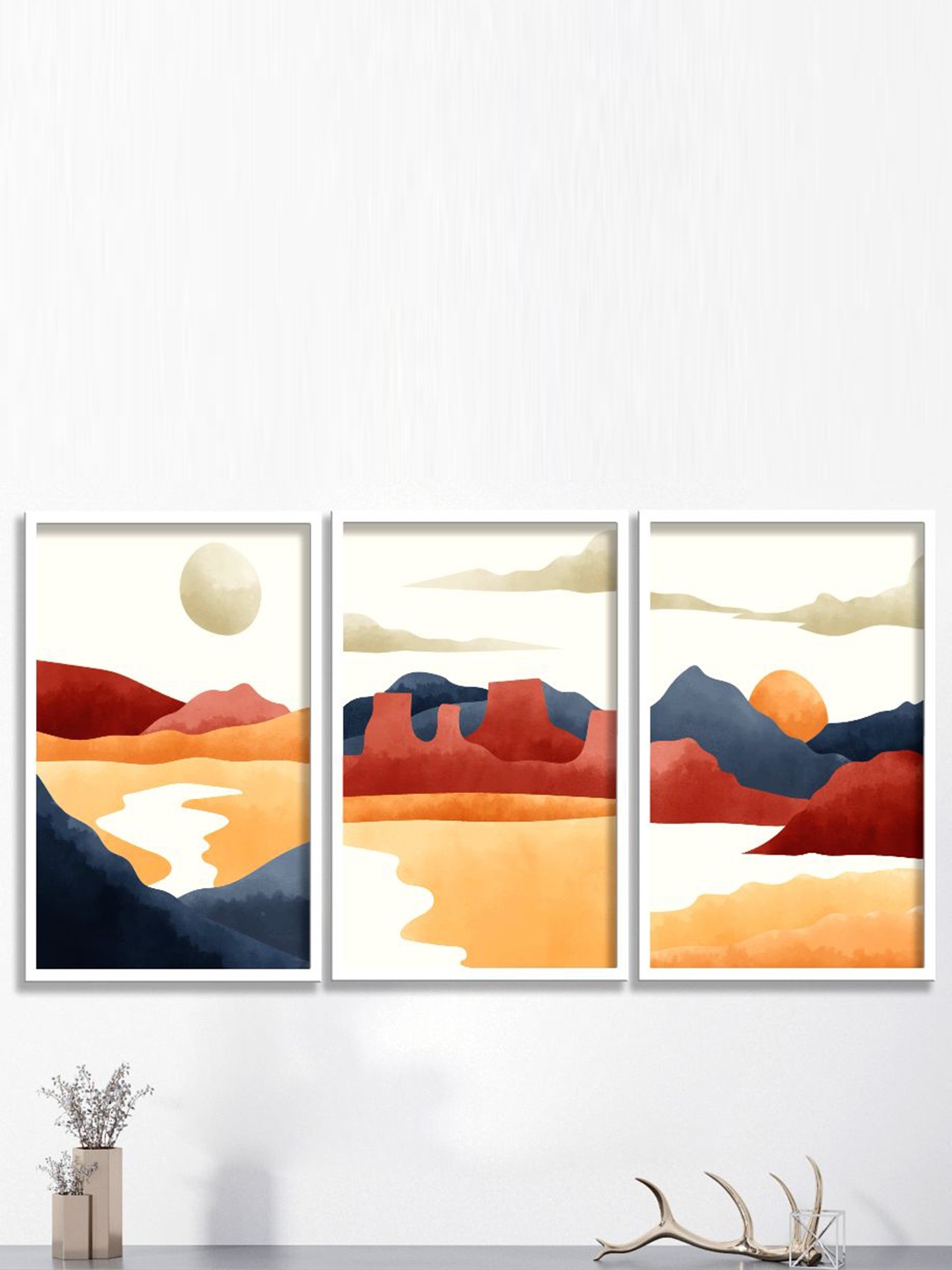 

SAF White & Blue 3 Pieces Modern Boho Art Painting Framed Wall Art