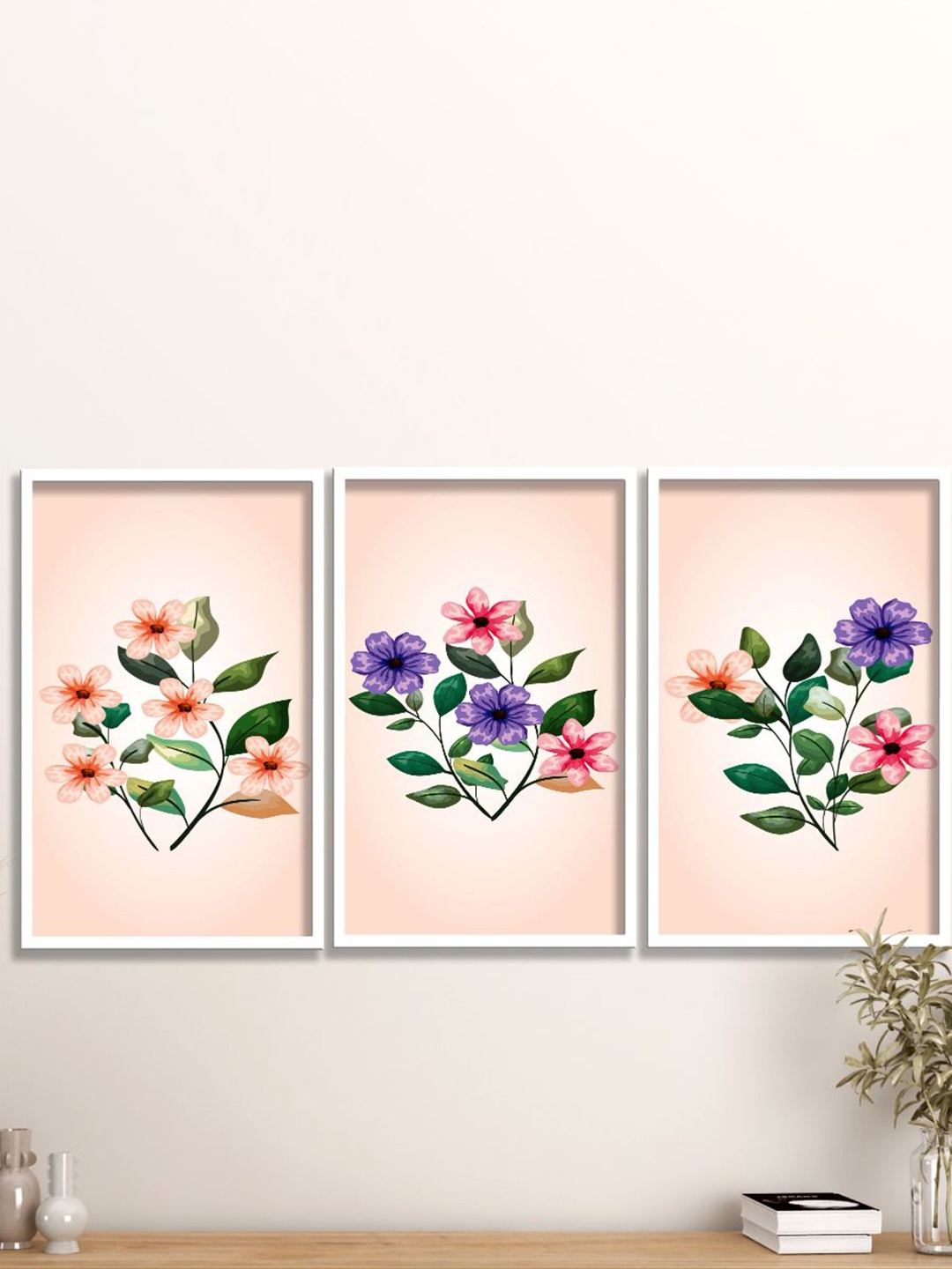 

SAF Peach-Coloured & Violet 3 Pieces Printed Framed Wall Art