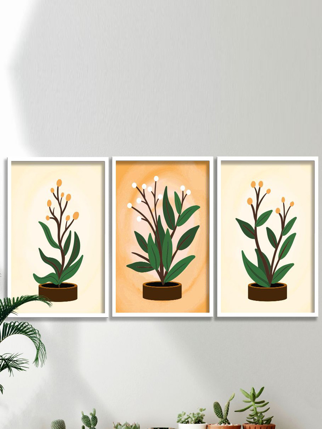 

SAF White & Orange Coloured 3 Pieces Modern Boho Painting Wall Art