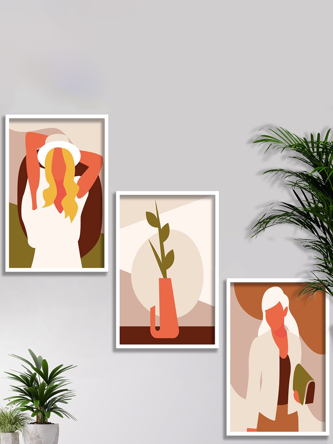 

SAF Beige & Orange 3 Pieces Modern Boho Art Painting Framed Wall Art