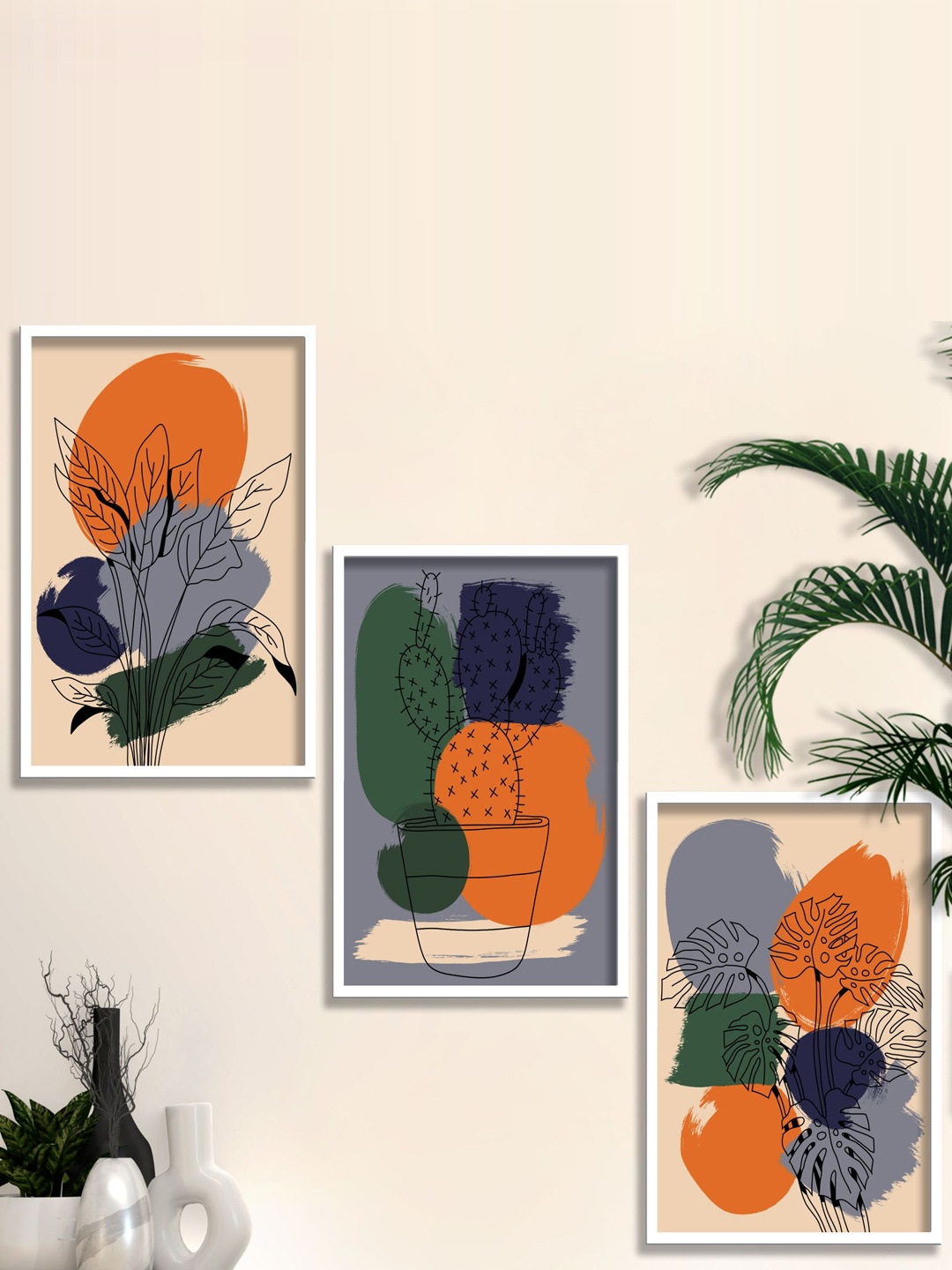 

SAF Grey & Green 3 Pieces Modern Boho Art Painting Framed Wall Art