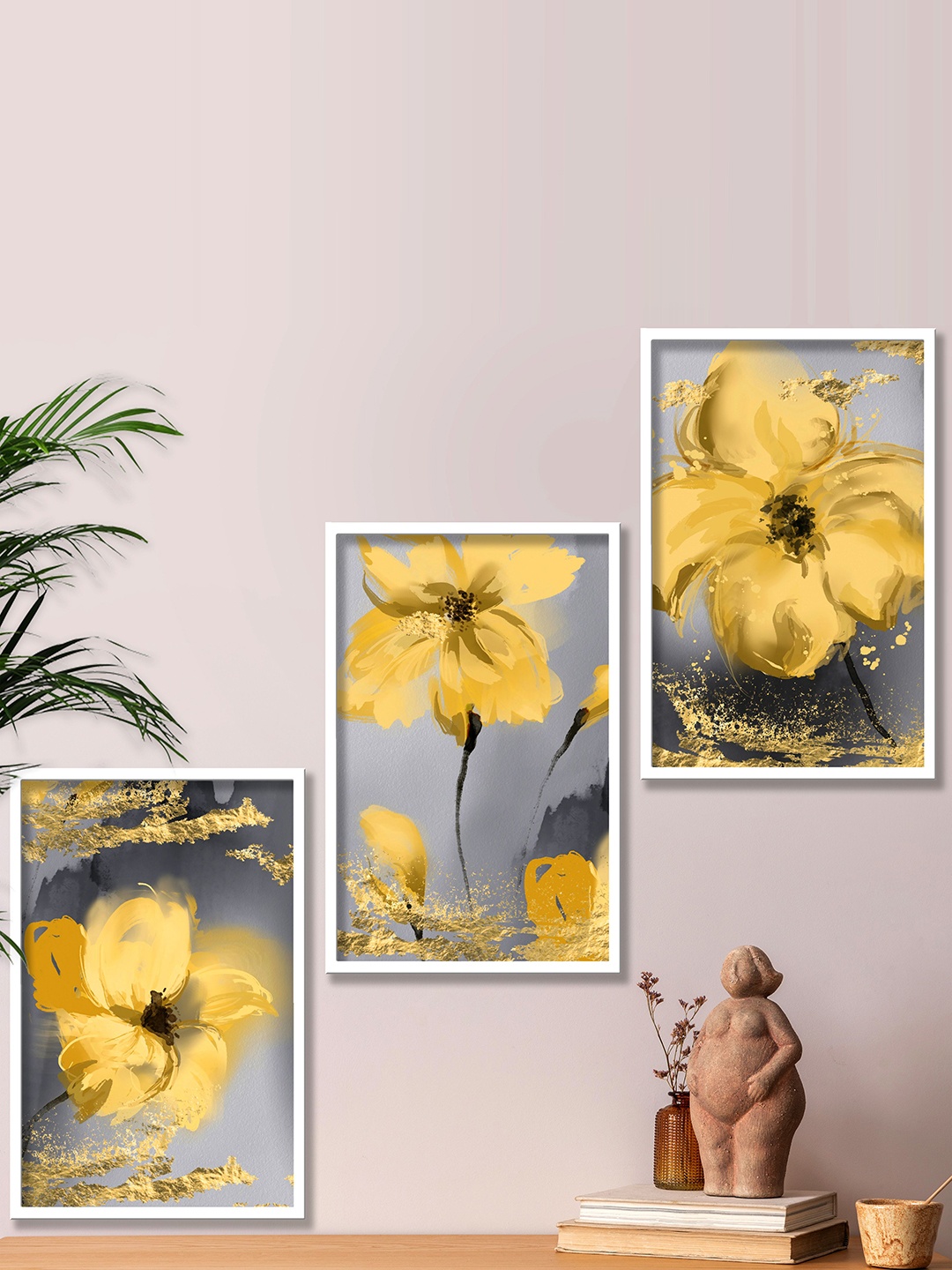 

SAF Grey & Yellow 3 Pieces Printed Boho Wall Art