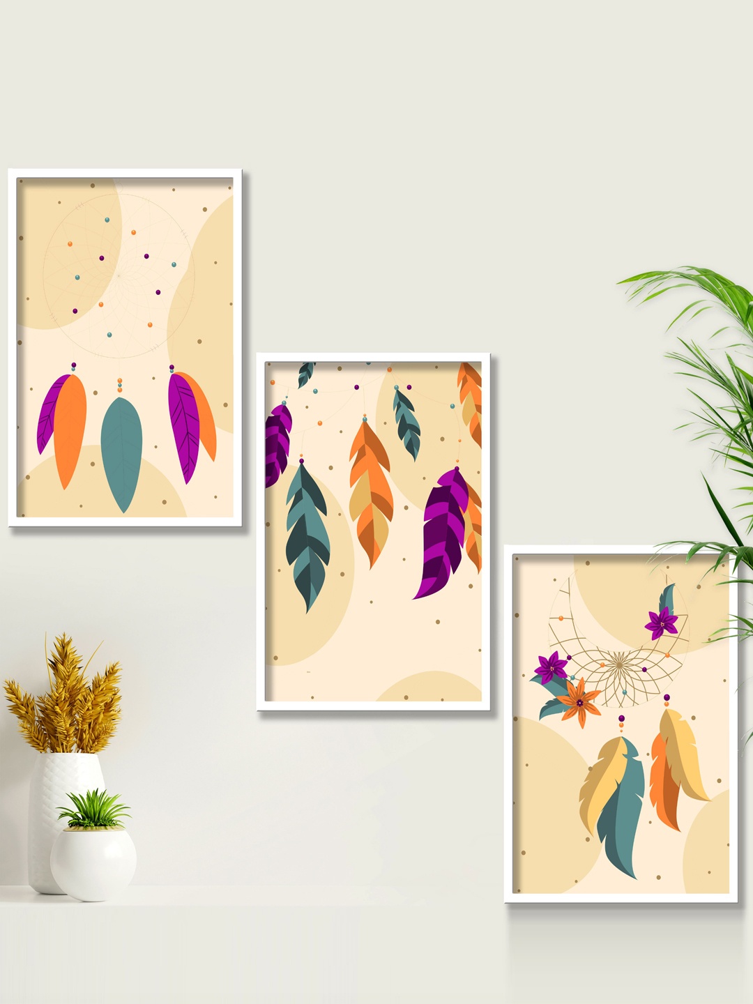 

SAF Beige & Green 3 Pieces Modern Boho Art Painting Framed Wall Art