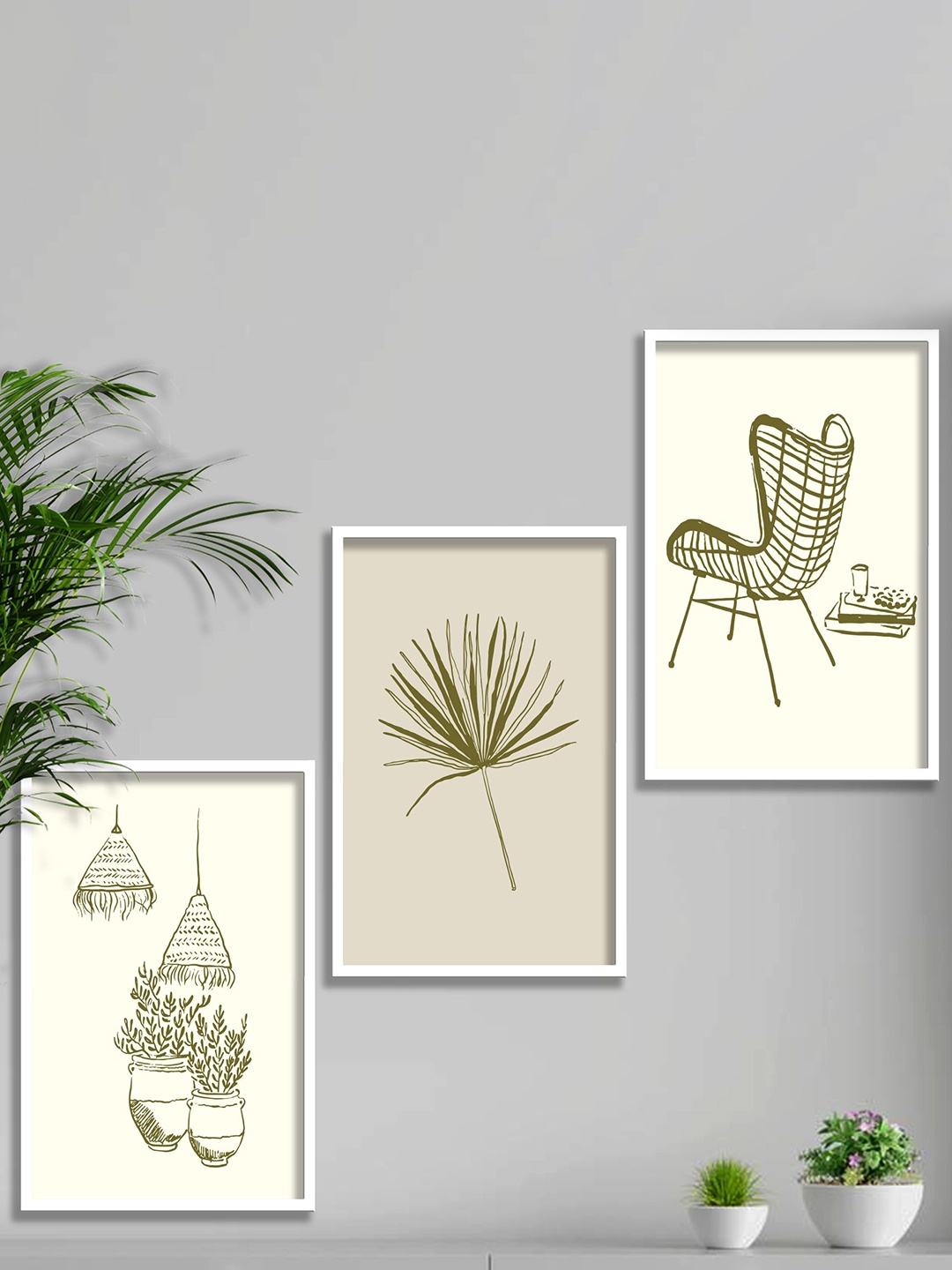 

SAF 3 Pieces Off White & Olive Green Modern Boho Painting Wall Arts