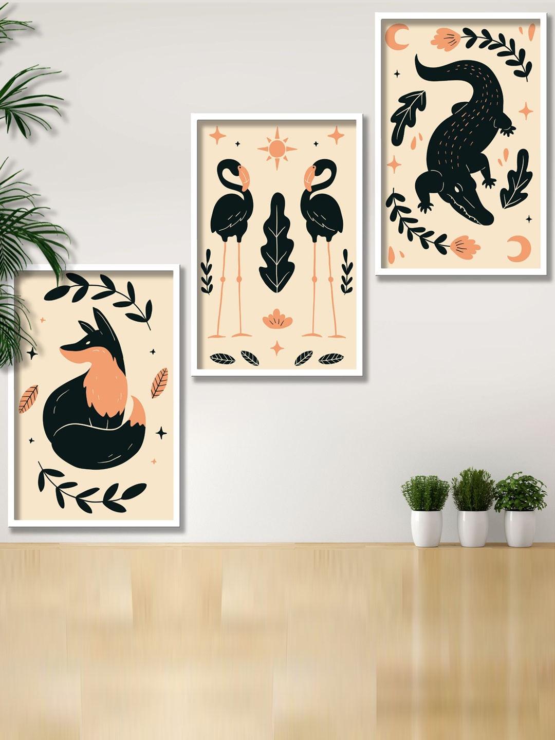 

SAF Peach & Green 3 Pieces Modern Boho Printed Matte Finish Wall Art