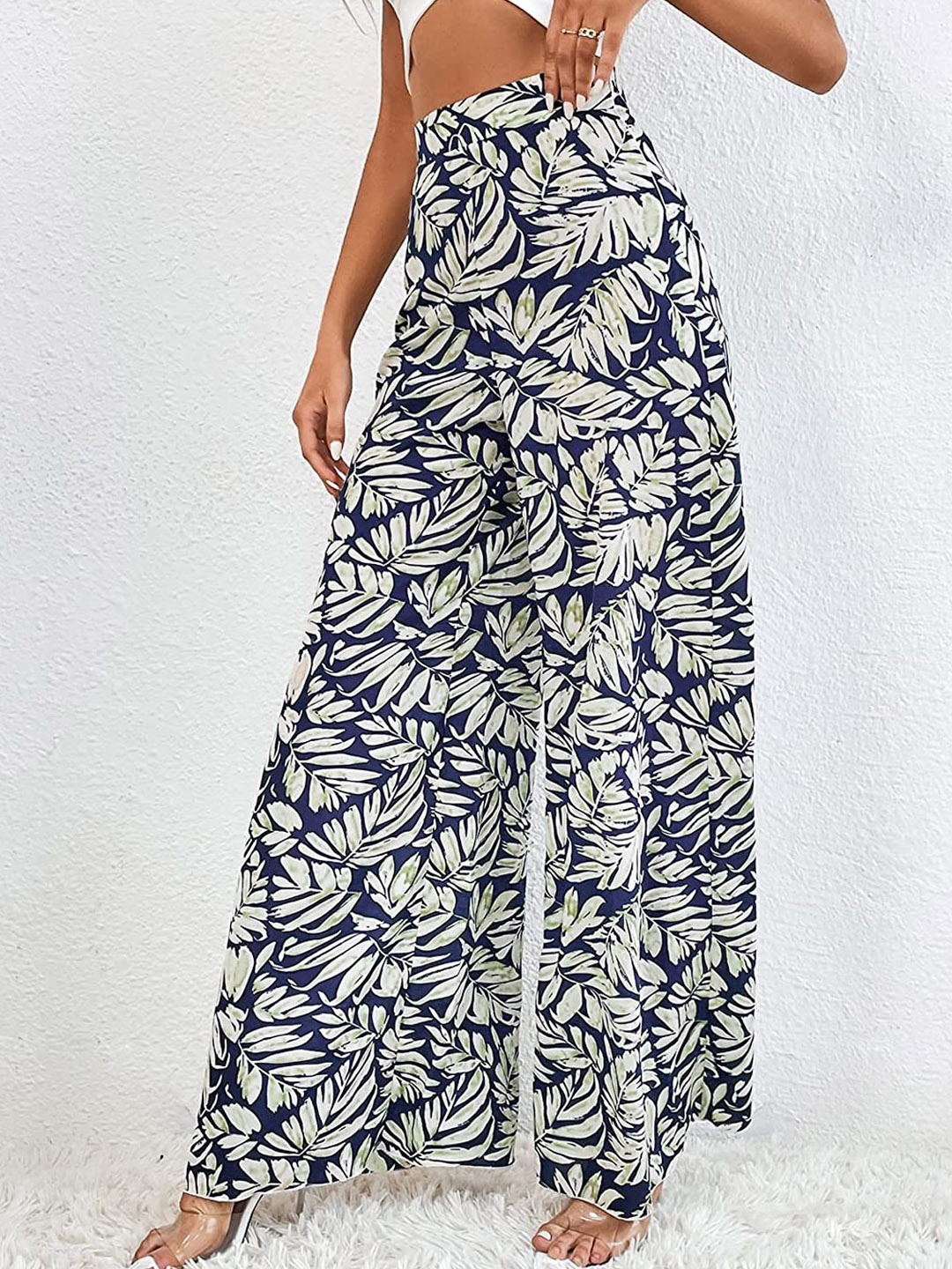 

Jinax Women Leaf Printed Relaxed Flared Easy Wash Parallel Trousers, Blue