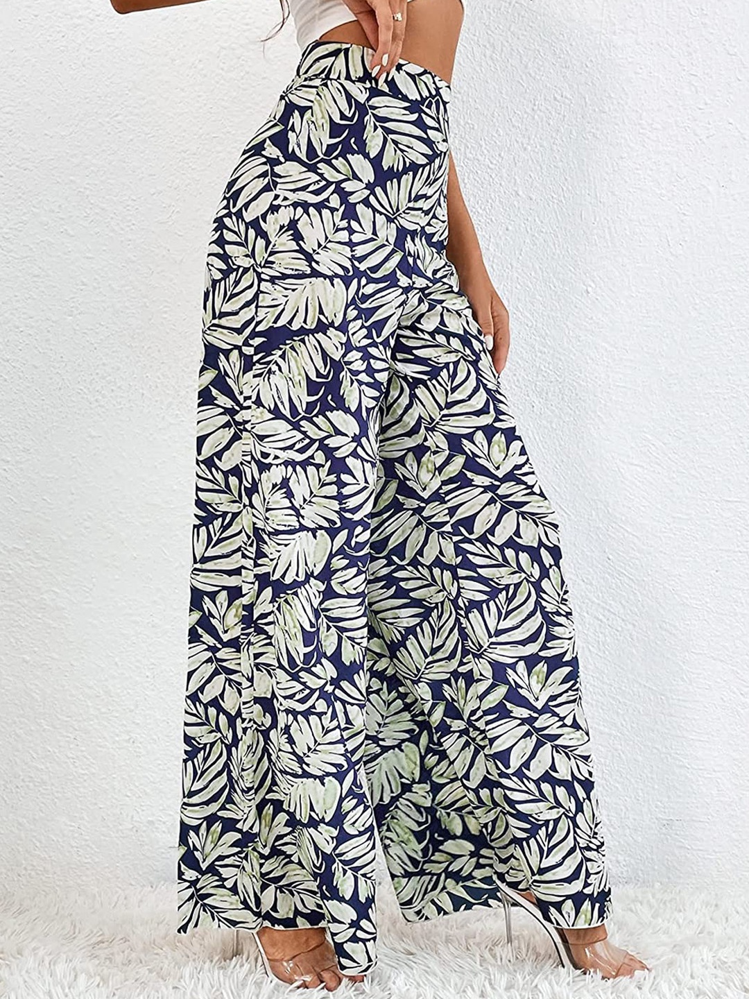 

Jinax Women Leaf Printed Relaxed Flared Easy Wash Parallel Trousers, Blue
