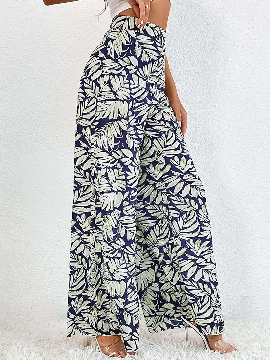 

Jinax Women Leaf Printed Relaxed Flared Easy Wash Parallel Trousers, Blue