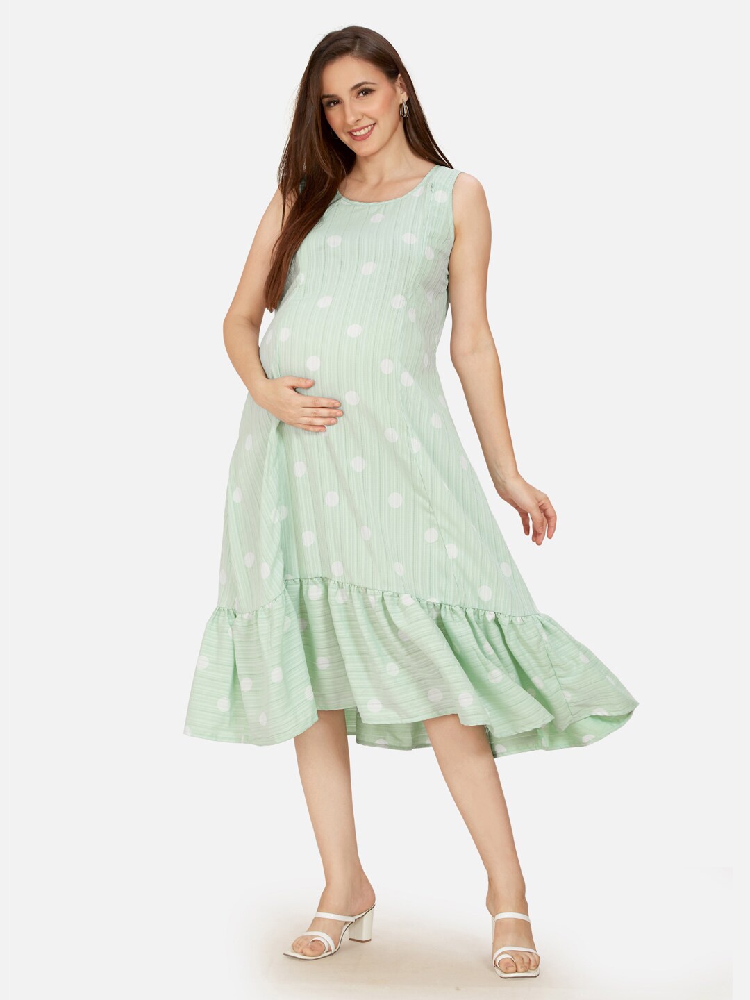 Mom For Sure by Ketki Dalal Maternity Polka Dot A-Line Midi Dress, Green