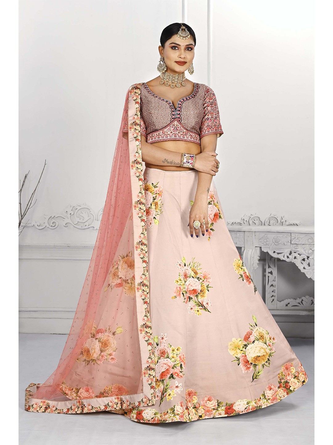 

SAPTRANGI Printed Beads and Stones Ready to Wear Lehenga & Blouse With Dupatta, Pink