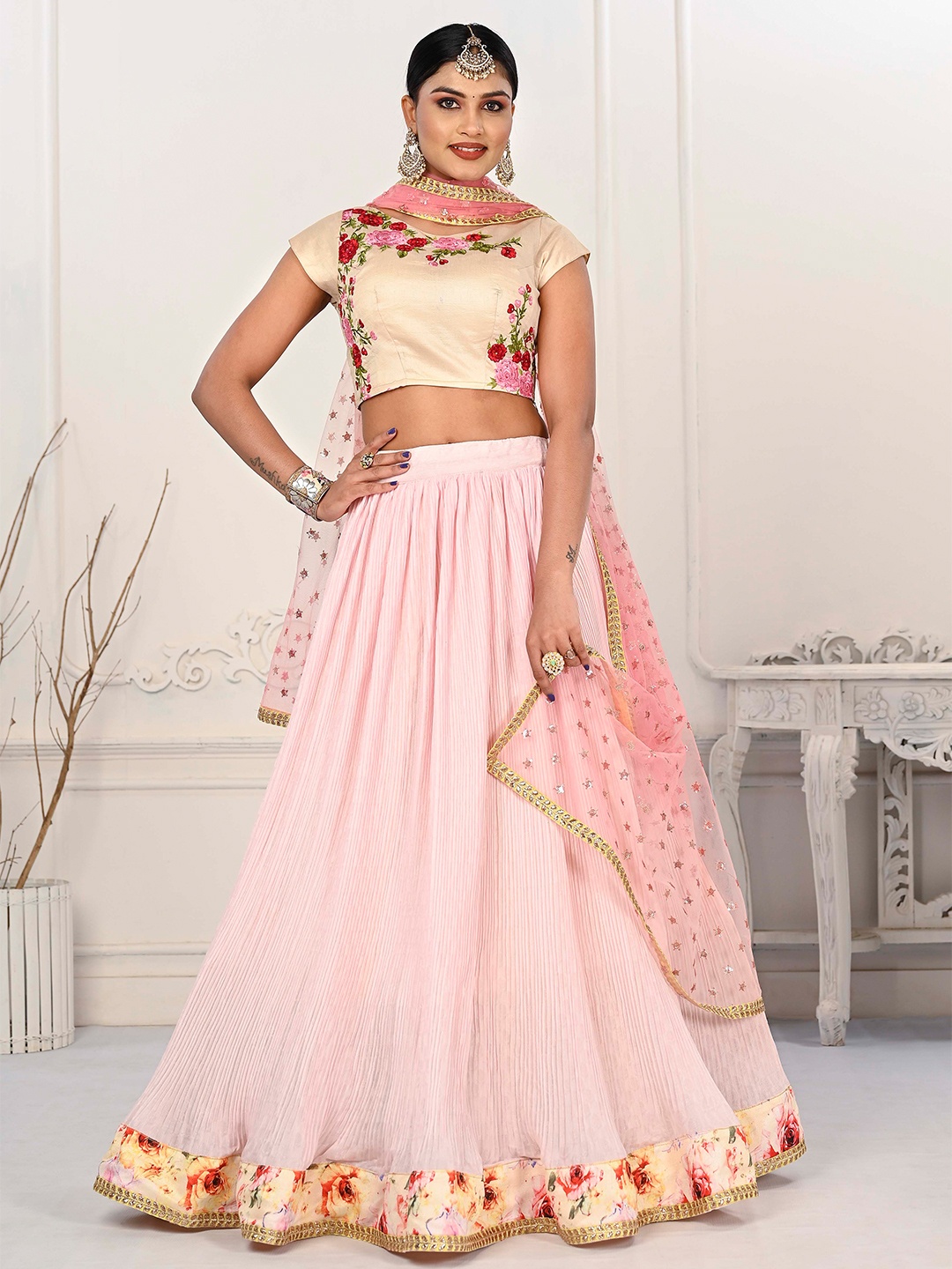 

SAPTRANGI Printed Beads and Stones Ready to Wear Lehenga & Blouse With Dupatta, Pink