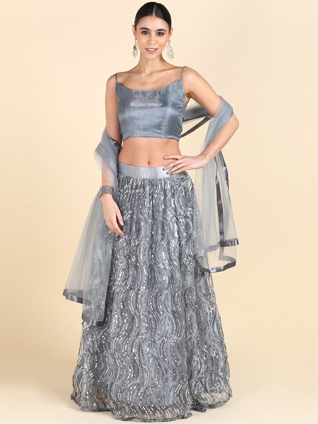 

FORKEY Sequinned Semi-Stitched Lehenga & Unstitched Blouse With Dupatta, Grey