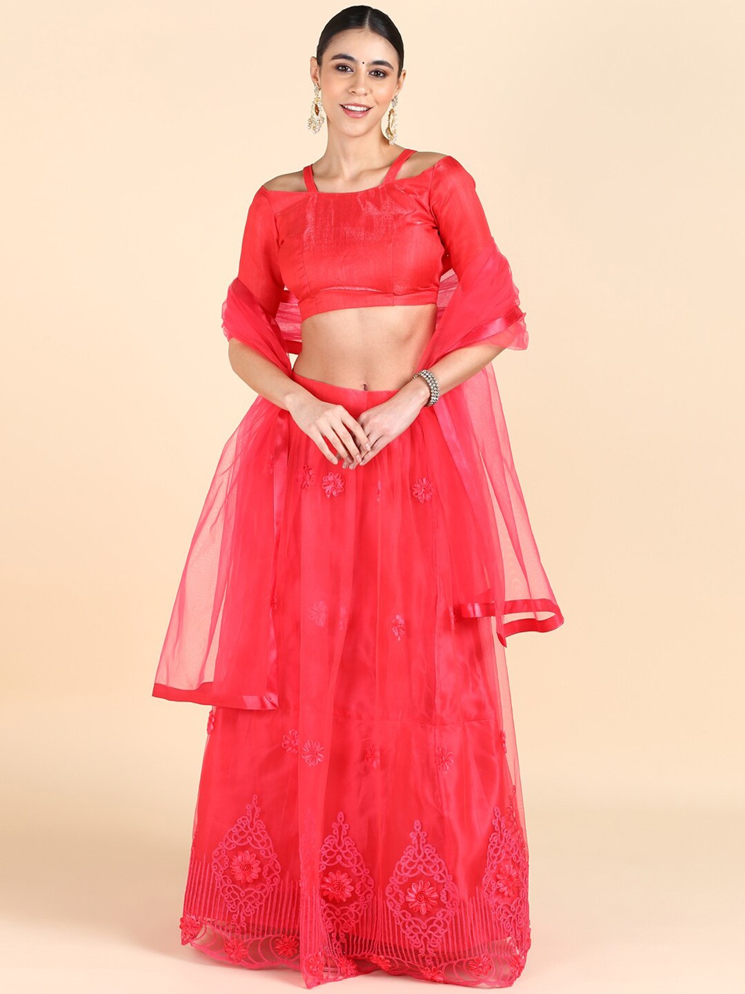 

FORKEY Embroidered Thread Work Semi-Stitched Lehenga & Unstitched Blouse With Dupatta, Red