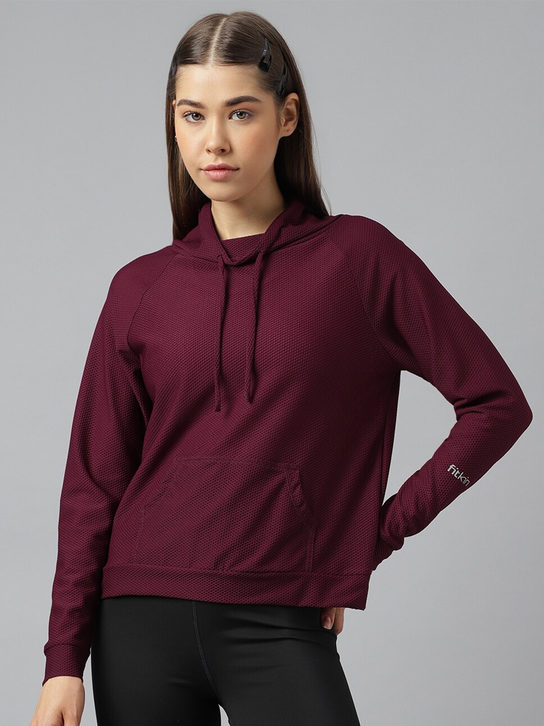 

Fitkin Self Design Hooded Quick Dry T-shirts, Maroon