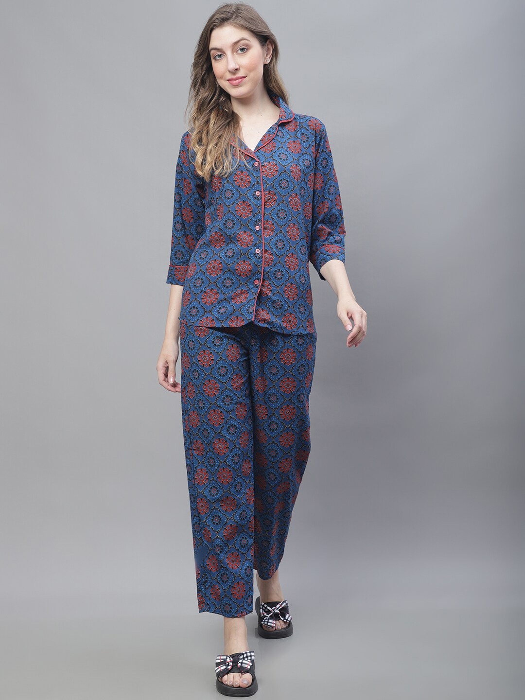 

TAG 7 Floral Printed Pure Cotton Night Suit, Blue