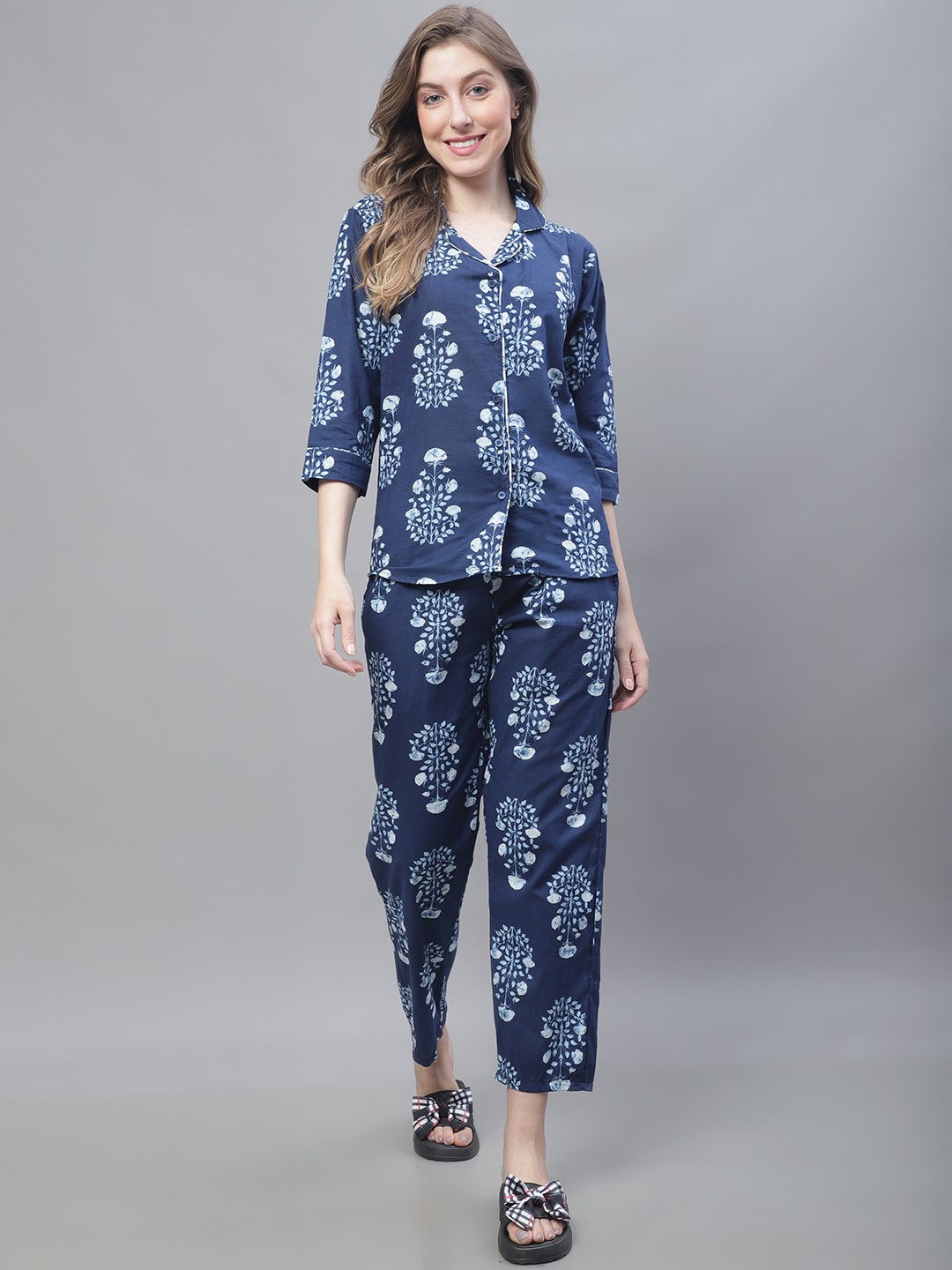 

TAG 7 Floral Printed Pure Cotton Shirt & Pyjama Night suit, Blue