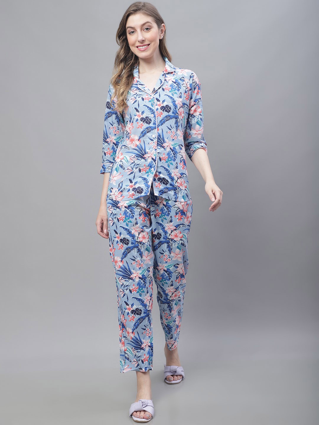 

TAG 7 Floral Printed Pure Cotton Night Suit, Blue