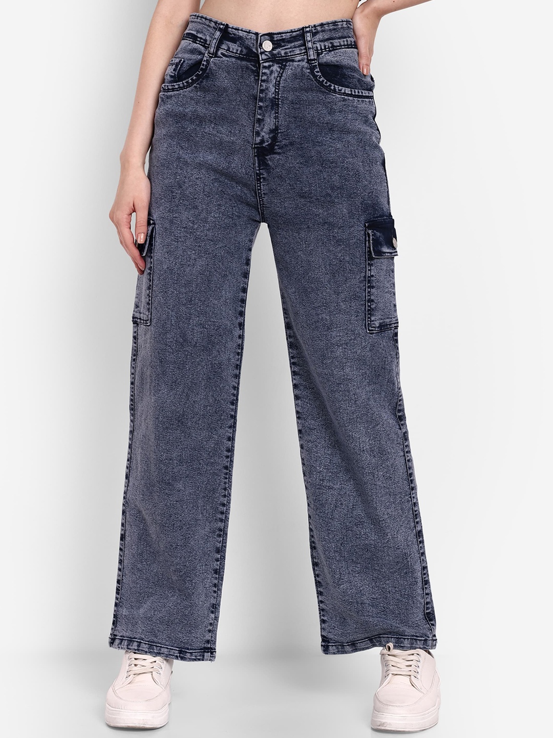 

BROADSTAR Women Smart Loose Fit High-Rise Easy Wash Stretchable Denim Cargos Trousers, Blue
