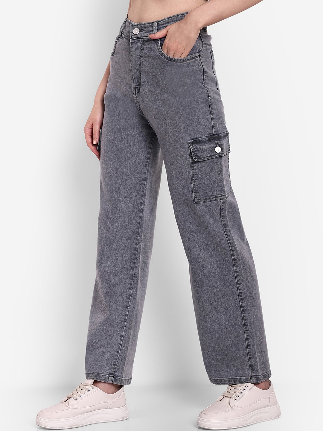 

BROADSTAR Women High- Rise Cargo Jeans, Grey