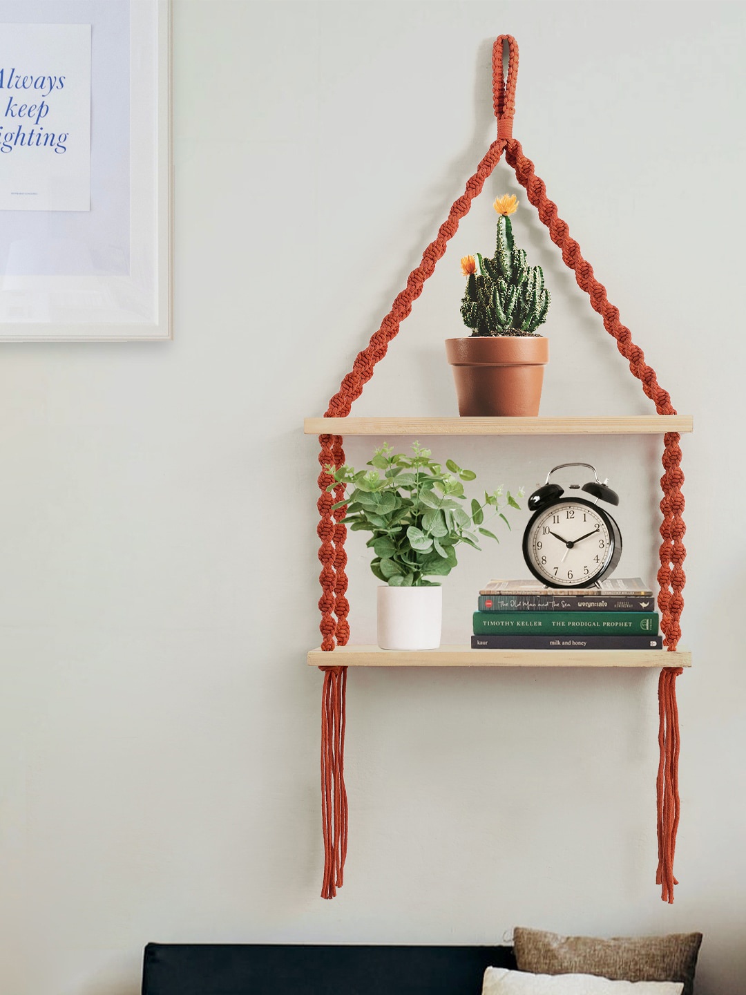 

Decazone Wood Twisted Macrame Hanging Shelf, Rust