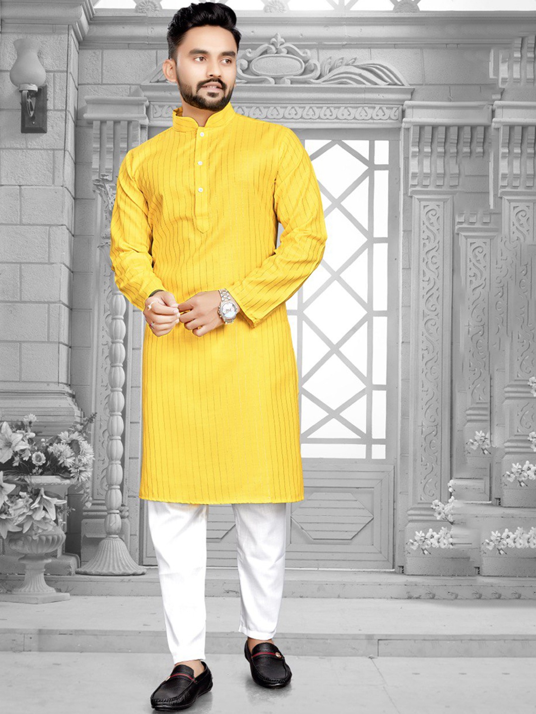 

CELLUX Mandarin Collar Striped Regular Kurta With Pyjamas, Yellow