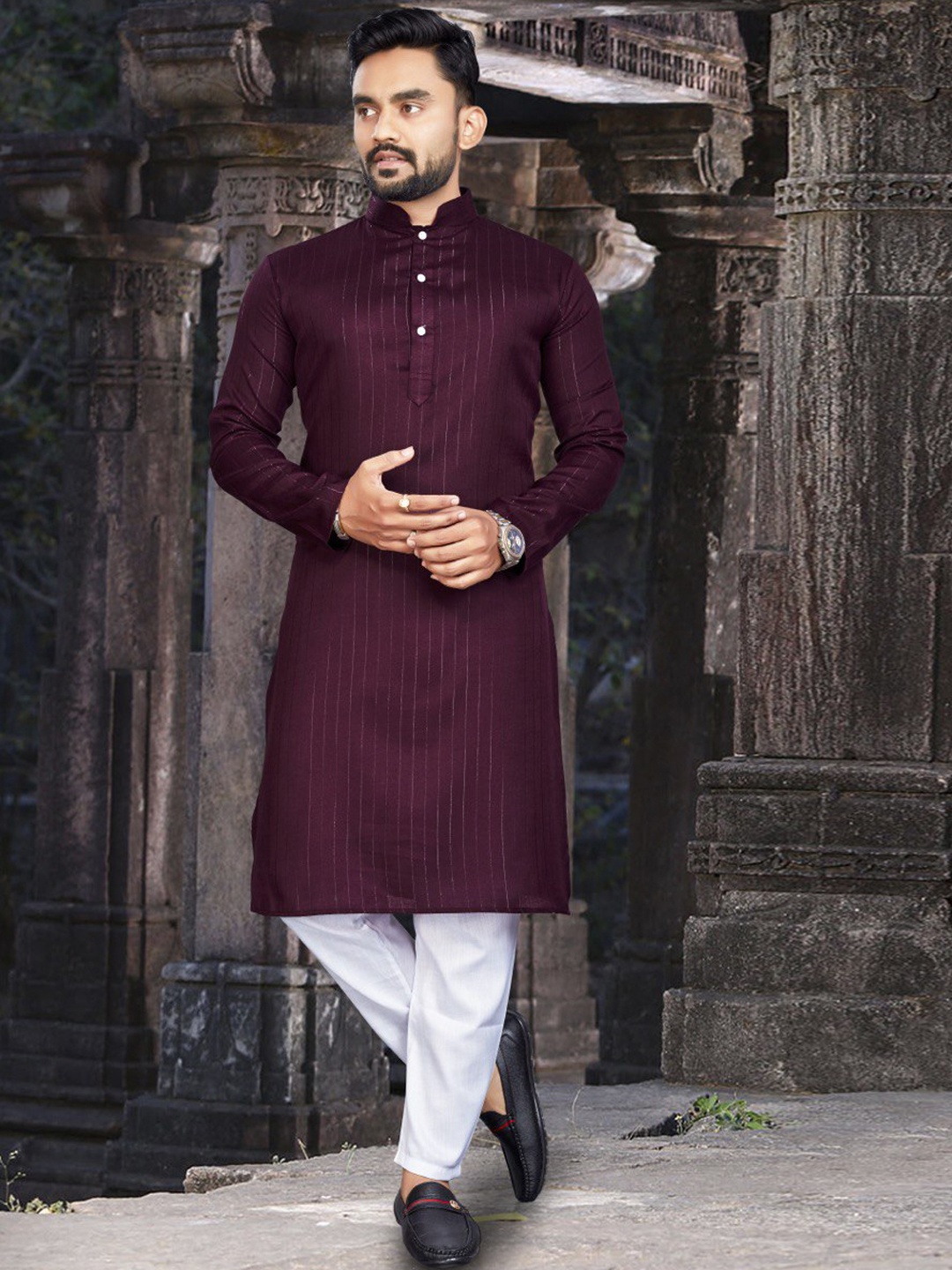 

CELLUX Mandarin Collar Striped Regular Kurta With Pyjamas, Maroon