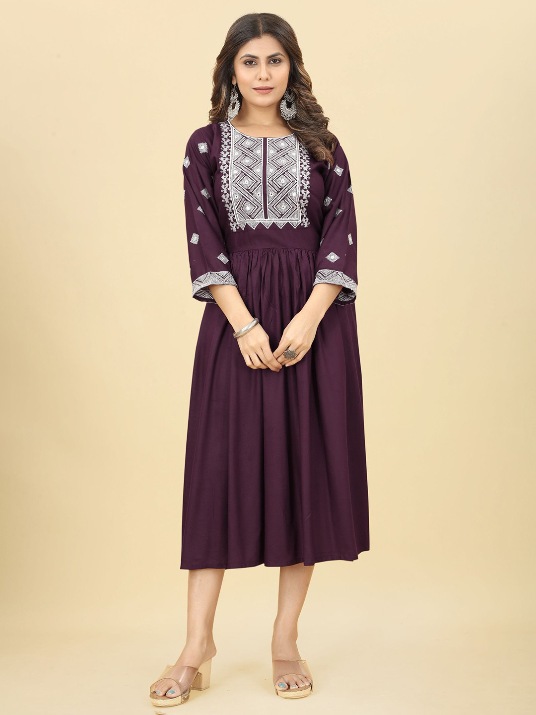 

KALINI Geometric Embroidered Regular Sleeves Gathered Fit & Flare Ethnic Dress, Burgundy