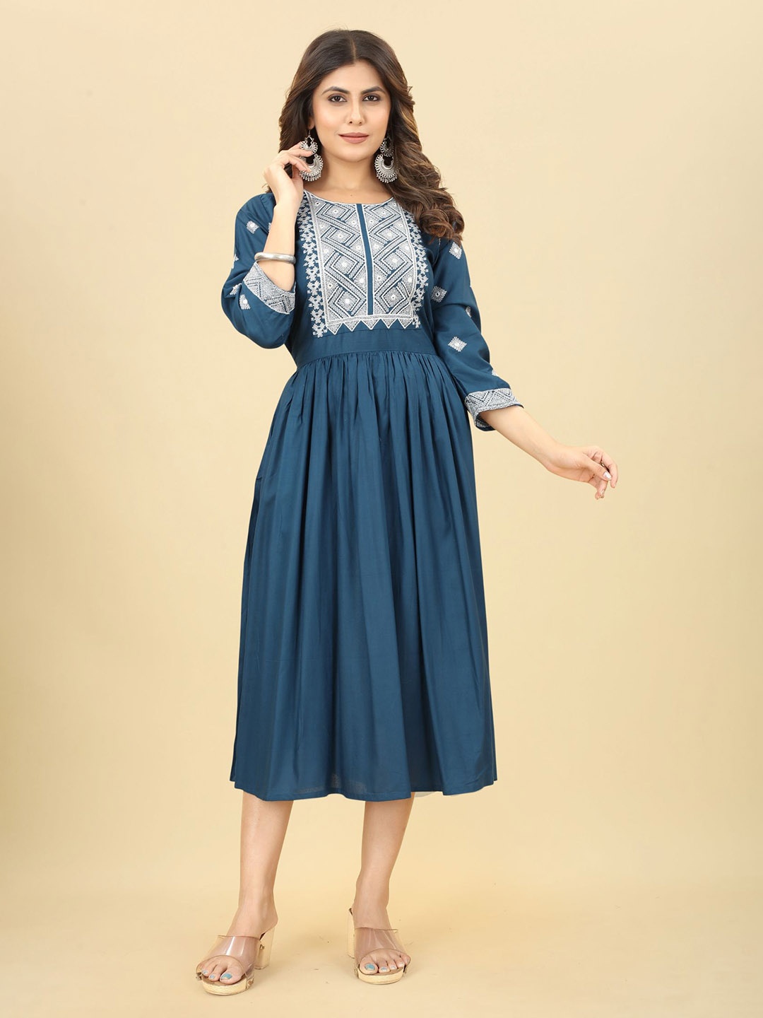 

KALINI Embroidered Tie-Ups Fit & Flare Midi Ethnic Dress, Blue