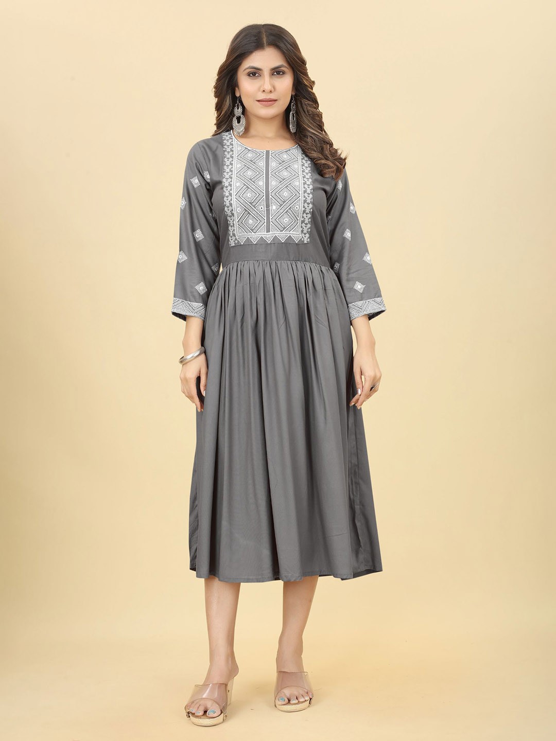 

KALINI Embroidered Tie-Ups Fit & Flare Midi Ethnic Dress, Grey